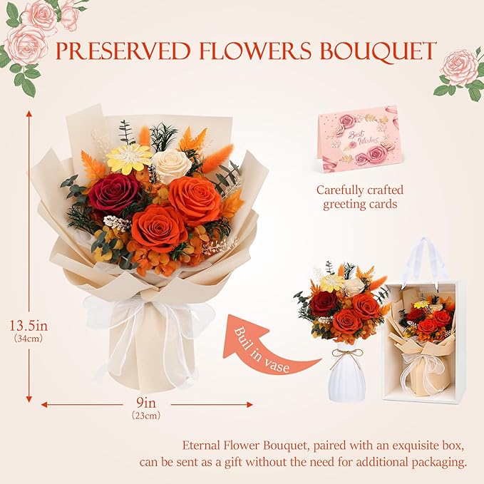 Flowers for Delivery Prime Preserved Flowers Bouquet with Vase That Last 3-5 Years Real Forever Flowers Rose Bouquet for Mom Mother Women Wife Friends Birthday Mother's Day (Orange)