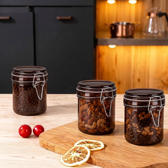 Norme 6 Pack 8oz Amber Airtight Glass Jars with Lids, Cylinder Food Storage Container Airtight Food Wire Clip Fastening for Sauerkraut Flour Kitchen Sugar Cereal Kitchen Canning Pickling Mason Jars
