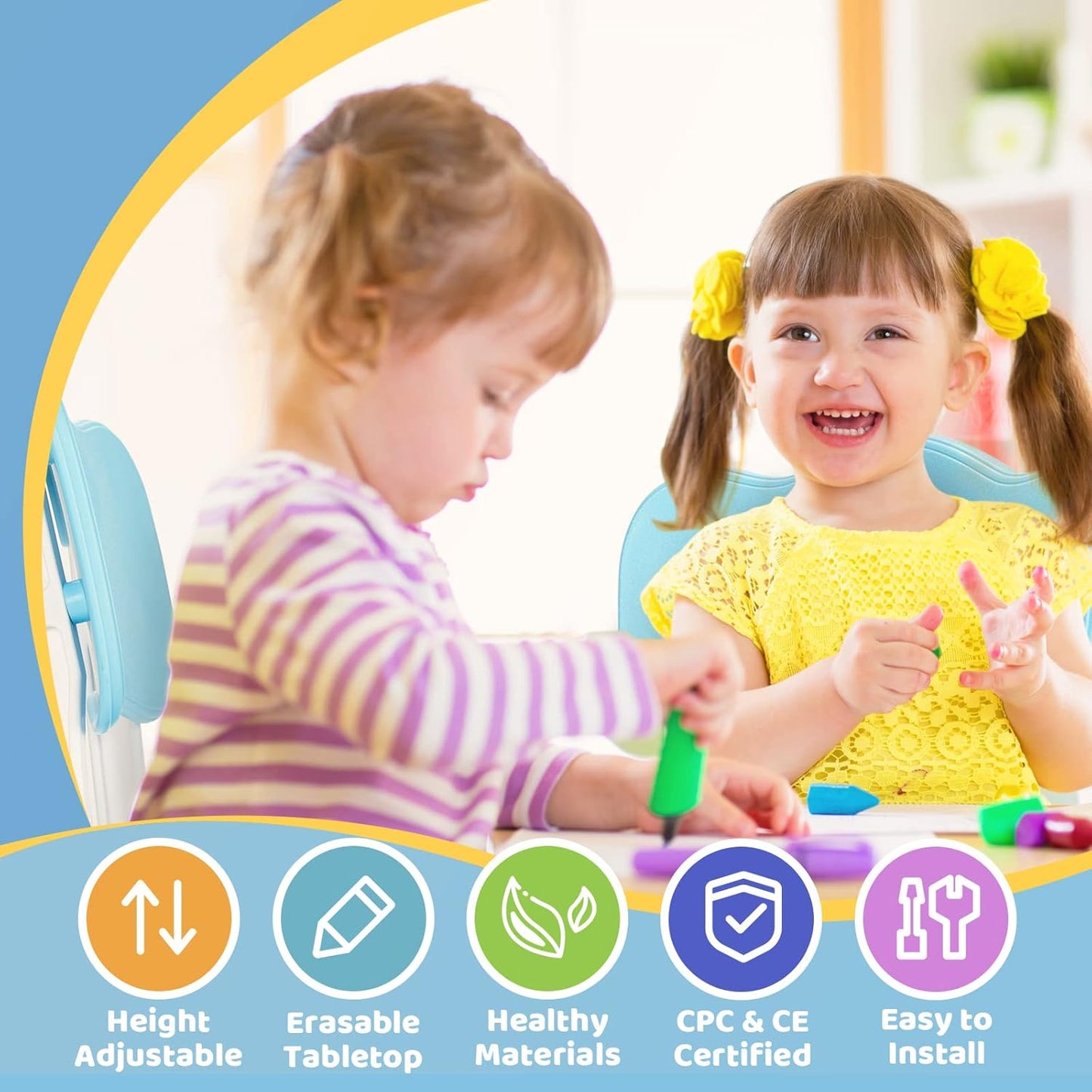 FUNLIO Kids Table and 4 Chairs Set, Height Adjustable Toddler Table and Chair Set for Ages 3-8, Easy to Wipe Arts & Crafts Table, for Classrooms/Daycares/Homes, CPC & CE Approved (5-Piece Set) - Blue