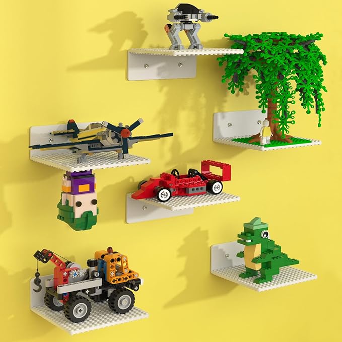 BlissBox 6-Pack Floating Shelves for Wall Compatible with Lego Building Bricks, 5x5.5inch Dual‑Sided 16x17 Studs for Toy Brick Storage and Display, ABS Display Shelves for Room Decor, White