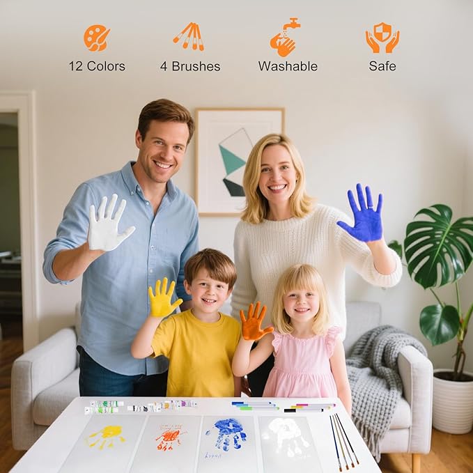 Family Handprint Photo Frame with 12 Paints & 12 Pens, 5 Transparent Sheets, Gift for Mom Dad Grandparents from Kids (White)
