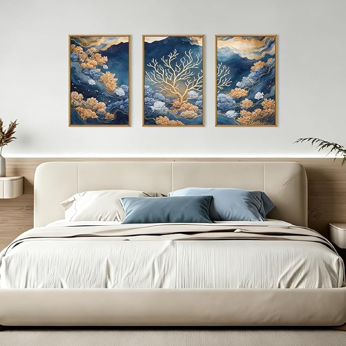 HPNIUB Blue Dreamy Underwater Framed Canvas Wall Art Set 16"x24"x3 | Modern Gold Coral Seascape Wall Decor Abstract Navy Ocean Marine Fish Artwork Living Room Bedroom Farmhouse