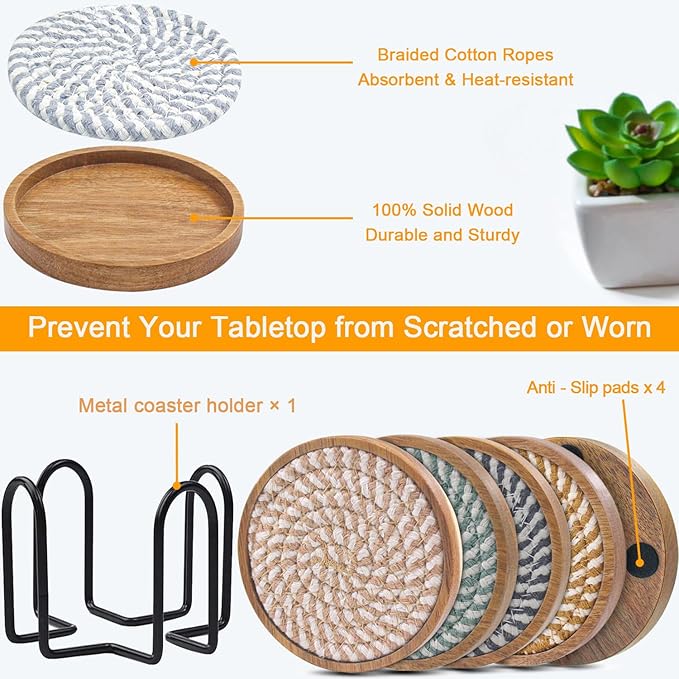 Eykao Coasters for Drinks Absorbent Sets of 5, Woven Coasters with Holder, Housewarming Gift for Farmhouse Home Decor, 4 inches (Colorful Series)