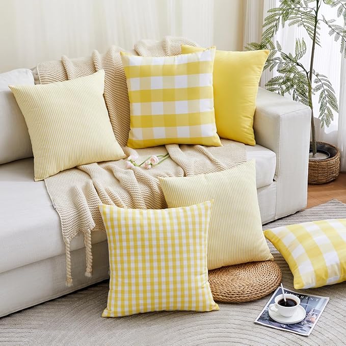 CARRIE HOME Yellow Gingham Checkered Throw Pillow Covers 18x18 Set of 2, Neutral Modern Farmhouse Yellow Outdoor Pillows 18 x 18 for Porch Patio Furniture (No Pillow Inserts)