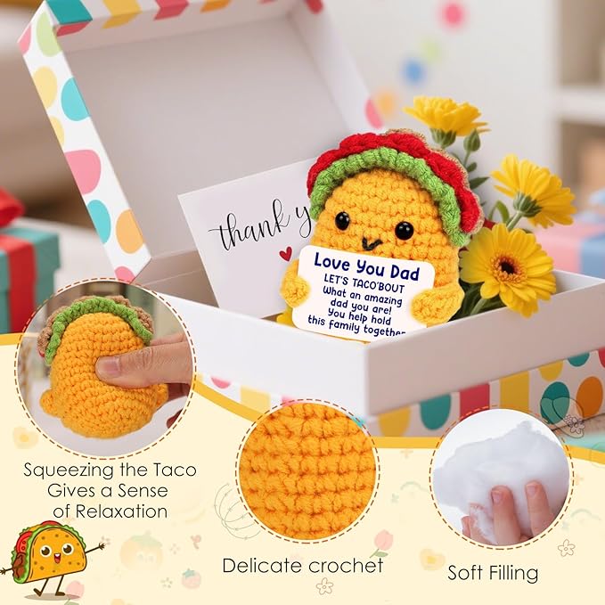 Dad Birthday Gifts from Daughter Son Wife, Best Dad Ever Cool Funny Cute Small Gifts for New Single Step Dads Thank You Daddy Present Valentines Fathers Day Christmas Handmade Crochet Taco Gift