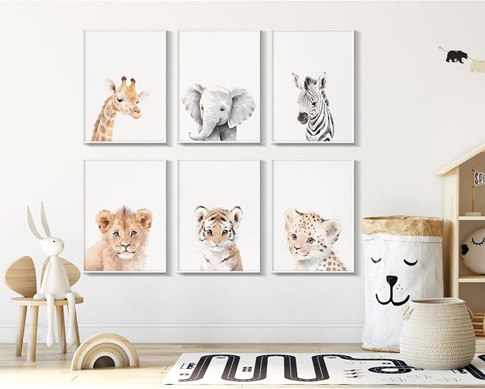 Tanmart Nursery Animal Wall Art Decor Baby Safari Canvas Prints Jungle Animal Wall Art Poster Baby Room Art Nursery Safari Pictures for Bedroom Boys Room 12x16 Inch Set of 6 Unframed