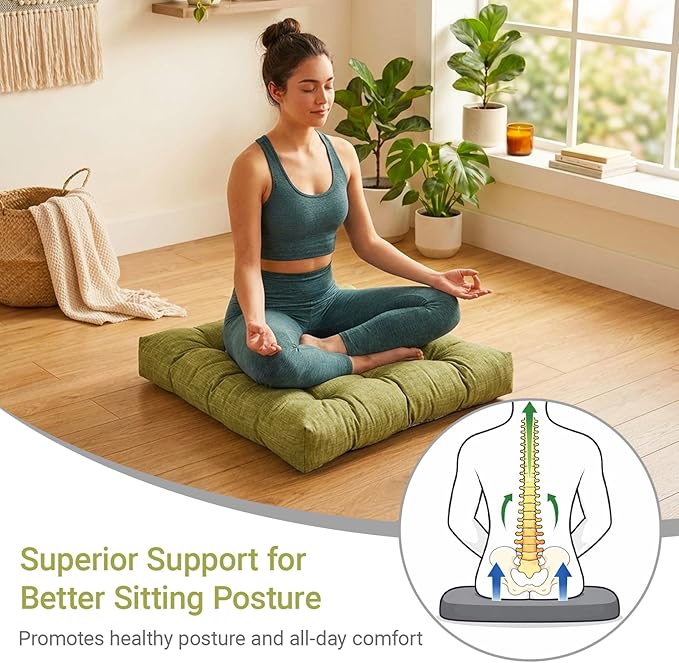 Large Square Floor Cushions Set of 2, 22 x 22 Inch with Non-Slip Bottom, Memory Foam Floor Pillow for Sitting, Meditation & Yoga, Soft Supportive Floor Seating Cushion for Adults & Kids (2, Green)