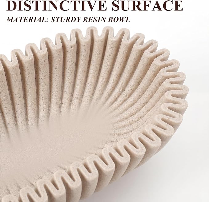 Large Decorative Bowl for Home Decor Long Dough Key Bowls Coffee Table Decor Centerpiece Beige Ruffle Scalloped Resin Modern Handicraft Bowl for Kitchen Counter Farmhouse Entryway