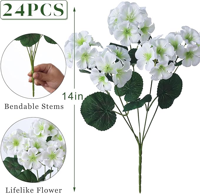 GLIDLION 24 Bundles Artificial Geranium Flowers for Spring Summer Decor, UV-Resistant Fake Plants Realistic Faux Silk Bouquets for Front Door Farmhouse Garden Porch Home Outdoor Decor (White)