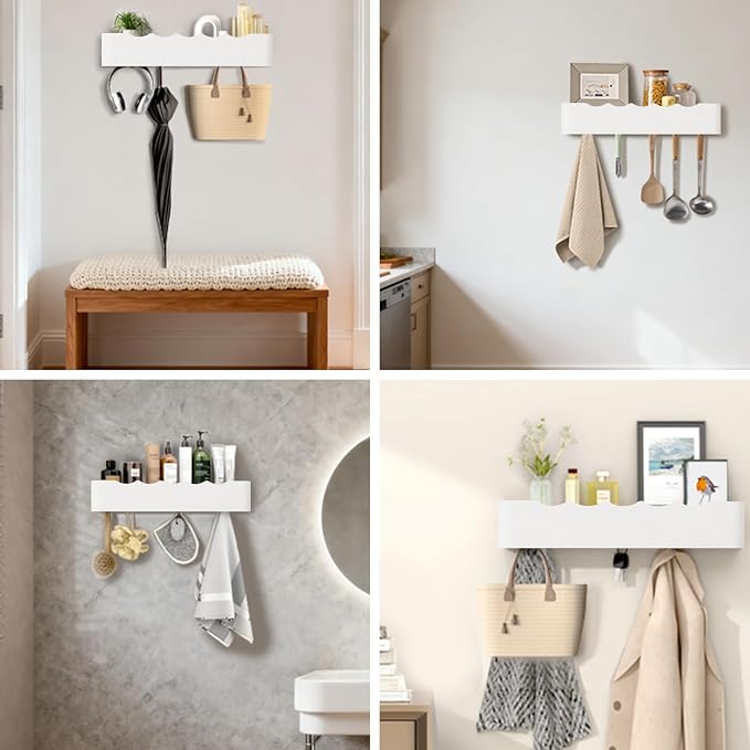 Wall Mounted Coat Rack with Shelf, Wooden Entryway Organizer with Hidden Metal Hooks for Hanging Coats Bags Keys, Modern Floating Shelf for Hallway Bathroom
