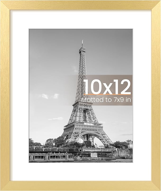 upsimples 10x12 Picture Frame, Display Pictures 7x9 with Mat or 10 x 12 Without, Wall Hanging Photo Frames, Gold, 1 Pack