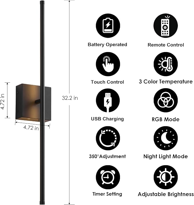 KARTOOSH 32.2 Inch Battery Operated Wall Sconces Wireless Set of 2, Black | RGB Wall Lamps, 3 Color Temps, Remote Control, Dimmable Rotatable, LED Wall Lights for Living Room Bedroom