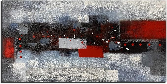 Handmade Abstract Red Gray Oil Painting, Thick Textured Linen Artwork, Modern Decoration Wall Art, Framed Painting Picture 48x24inch