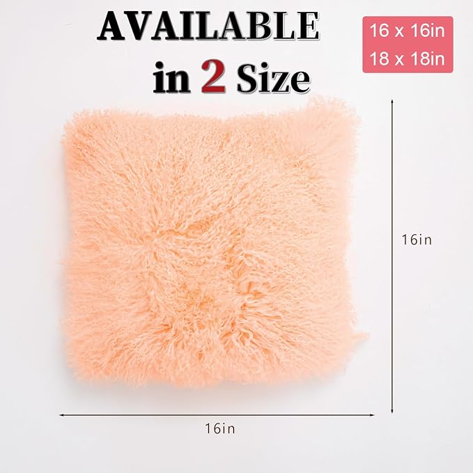 Mongolian Lamb Fur Throw Pillow Cover (16'' x 16'', Pink) Sheep Fur Decorative Cushion Cover Case Home Decorative Square Throw Pillow Cover Plain Wool Pillow Protector