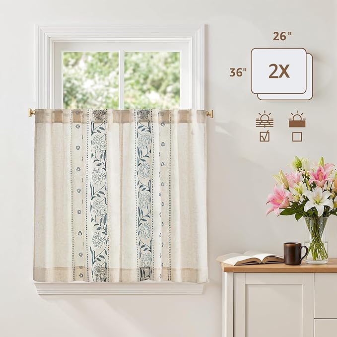 jinchan Winslow Linen Kitchen Curtains 36 Inch Length Small Window Curtains Embroidered Bordered Floral Drapes Light Filtering for Bathroom Laundry Room Farmhouse Decor Blue on Beige 2 Panels