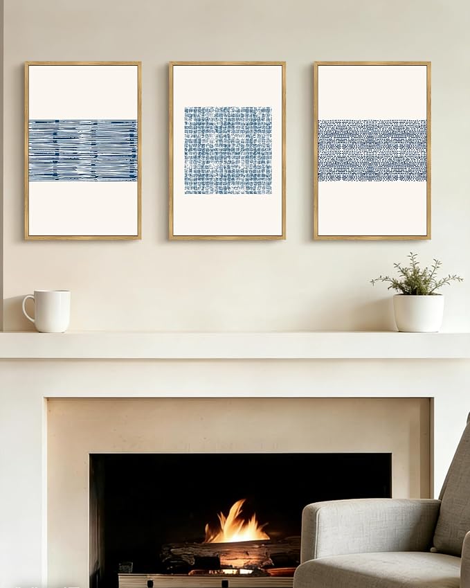 PHOPAGO Blue Abstract Framed Wall Art Large 16x24in Modern Boho Neutral Line Wall Decor Bohemain Minimalist Geometric Artwork Home Decor - Natural Framed