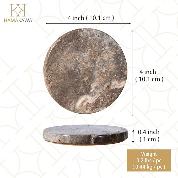 Natural Marble Coasters Set of 4, Round Travertine Coasters 4 Inch, Modern Gray Stone Coaster, Vintage Drink Coaster for Home Decor, Coffee Table, Office