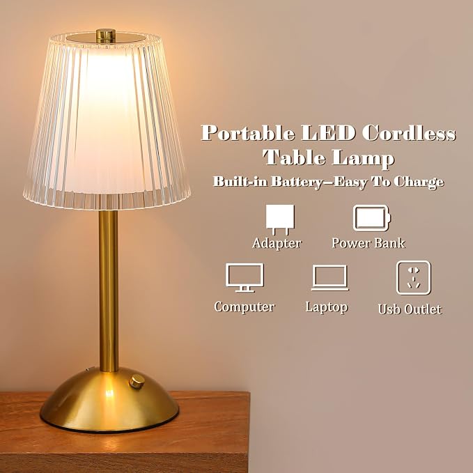 Liliful 4 Pcs Cordless Table Lamp Rechargeable Touch LED Small Gold Portable Battery Operated USB-c Desk Lamp 3 Color Dimmable for Bedroom Living Room Dining (Gold,Hollow Lined Style)