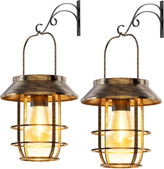 Solar Lanterns Outdoor Waterproof, High Brightness Hanging Solar Lights for Outside with Wall Hooks, Retro Metal Outdoor Lanterns Auto On/Off for Porch, Patio, Yard Decor 2 Pack