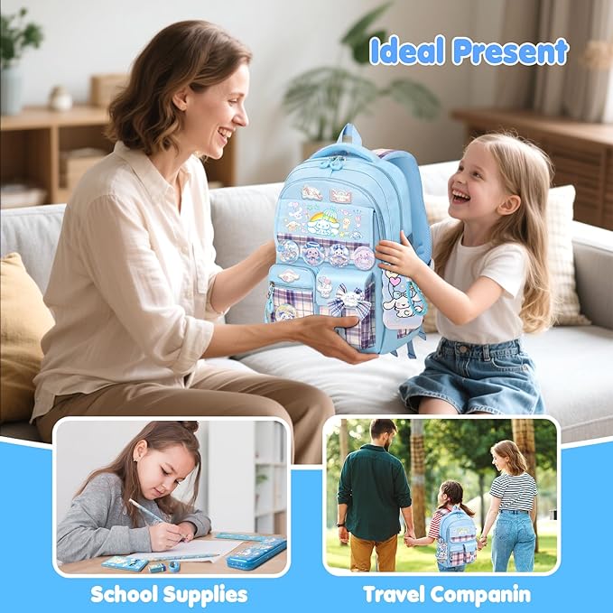 KIEAL 16.5/19IN School Backpack for Girls with 24Pcs Accessories, Anti-Theft Kids Backpack for Students, New Semester Presents with Pins and Card Holder