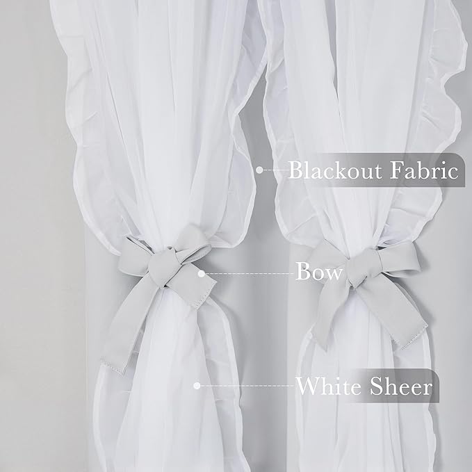 PONY DANCE Shabby Chic Curtains for Bedroom Double Layer Ruffle Sheer Overlay with Tiebacks French Country Drapes for Room Decor, 52" W x 63" L, Greyish White, 2 Pieces