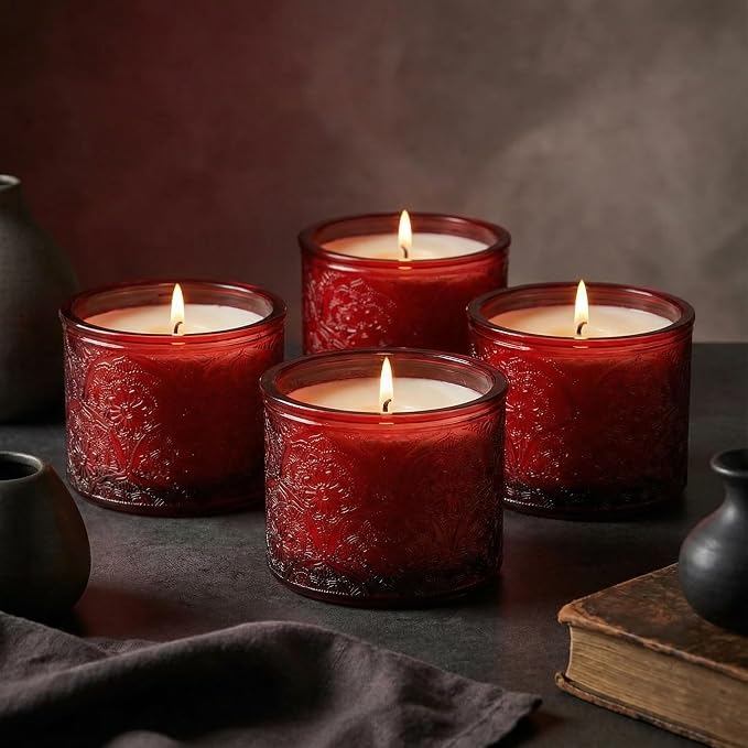 10 oz Red Mandala Glass Candle Jars with Bamboo Lids, 9 Pack | Patented Embossed Design, Includes Wick Centering Devices & Warning Labels, Multiple Color Options
