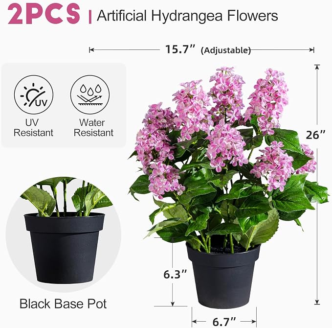 2 Pack Large Artificial Hydrangea Plants UV Resistant Fake Plastic plantas Flowers Trees Indoor Outdoor Realistic Floor Plants Faux Tree for Home Porch Garden Office Porch Patio Front Bonsai Decor