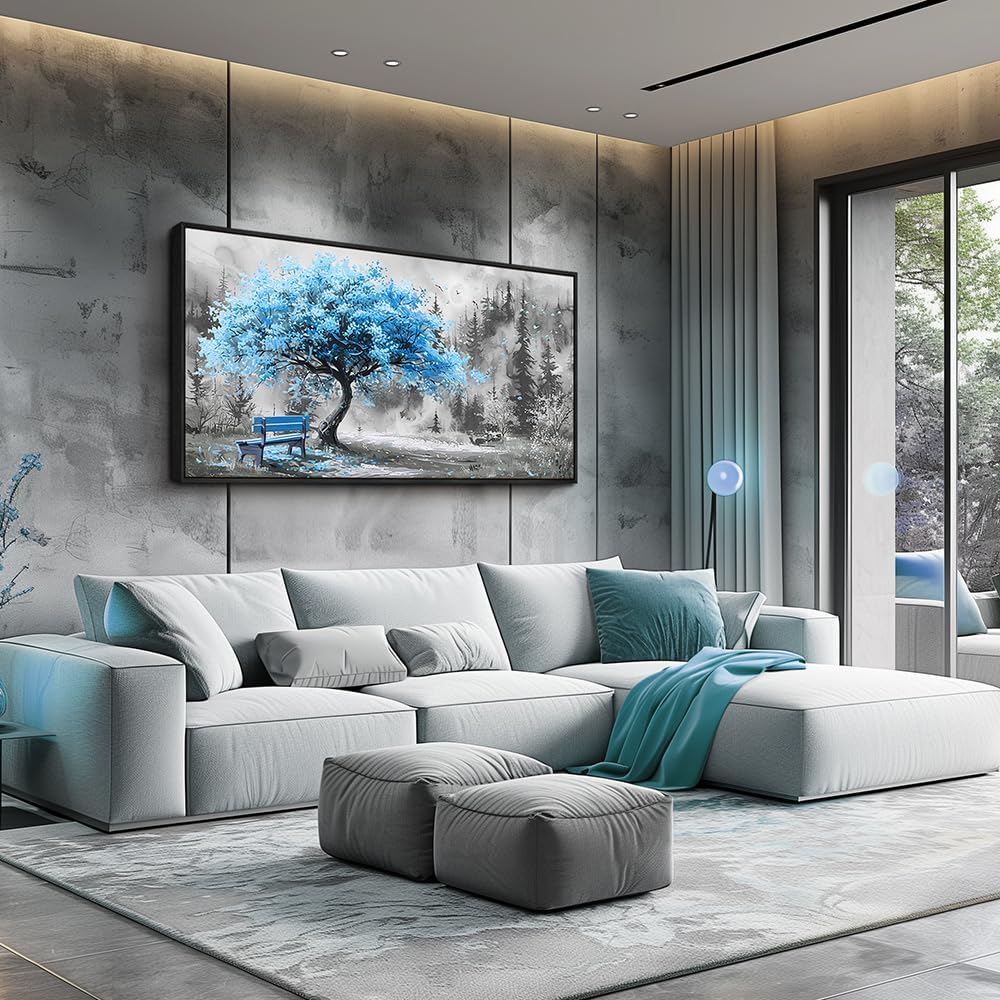 ZUITINGHUA Black Framed Canvas Wall Art For Living Room Wall Decor For Bedroom Office Wall Decoration Blue Tree Landscape Painting Black And White Picture Artwork Room Aesthetic Home Decor 20x40 In