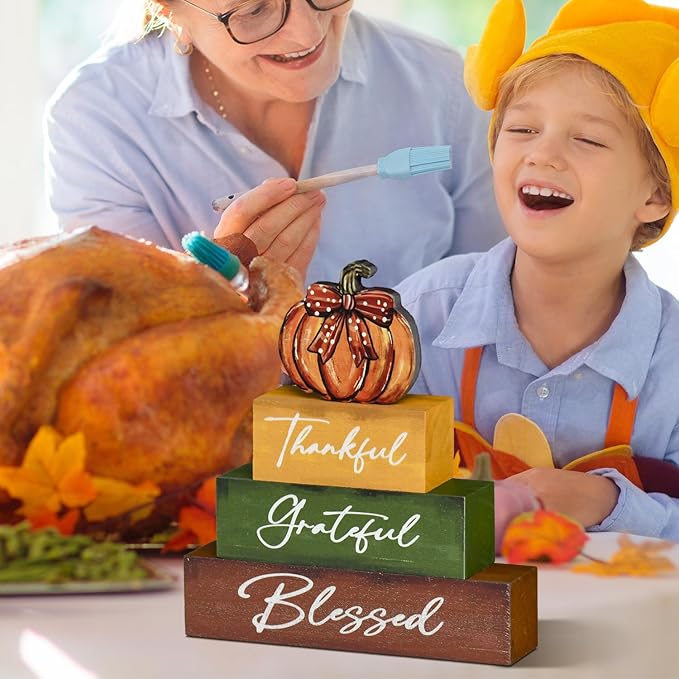 Smile Thanksgiving Fall Decor Indoor Wooden Block Signs, Pumpkin Decor Thankful Grateful Blessed for Rustic Farmhouse Home,Thanksgiving Table Tiered Tray Kitchen Harvest Decorations