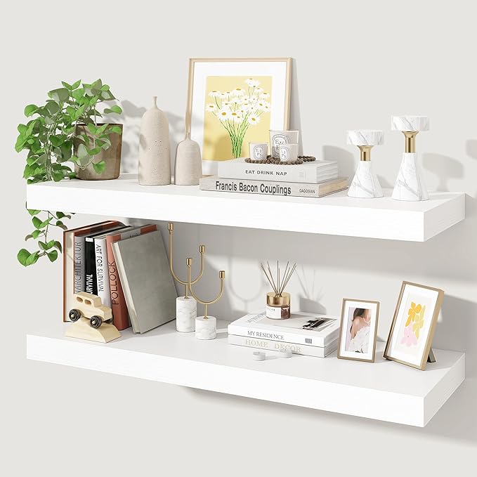 Axeman 32Inch Floating Shelves for Wall, 2 Pack Shelves for Bedroom, Bathroom, Kitchen, Hanging Wall Mounted Rustic Wood Shelf with Invisible Brackets for Books Decor, White