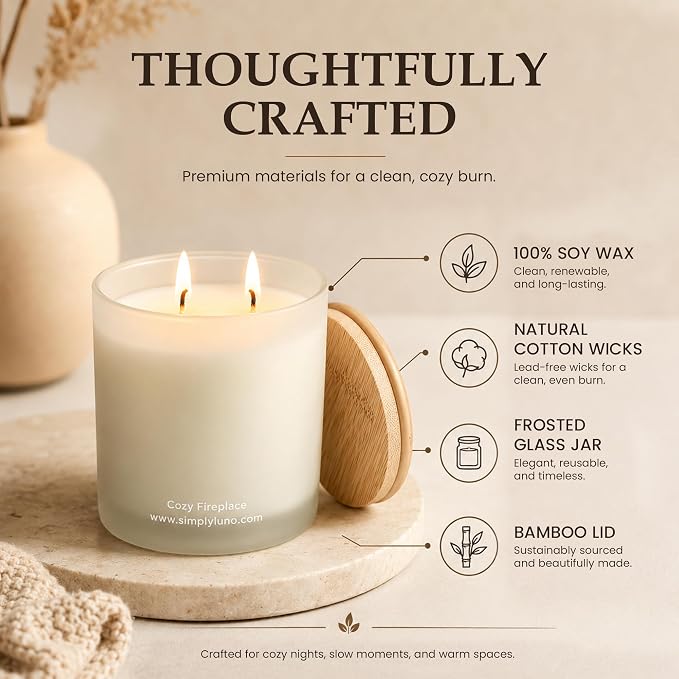 Cozy Fireplace | Mysore Sandalwood, Teak & Mahogany Scented Candle | 14oz Soy Wax Large Candle | 50+ Hour Long Lasting Candle for Home, Living Room, Bedroom & Relaxation | Luxury Jar Candle Gift Box