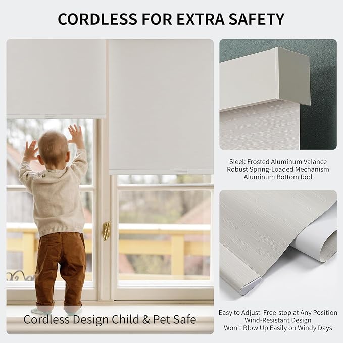 Joydeco 100% Blackout Roller Shades (Pro), Free-Stop Cordless Blinds for Windows, UV Protection, Natural Woven Blinds for Home and Office, Light-Proof Aluminum Cover (Beige, Custom Size)
