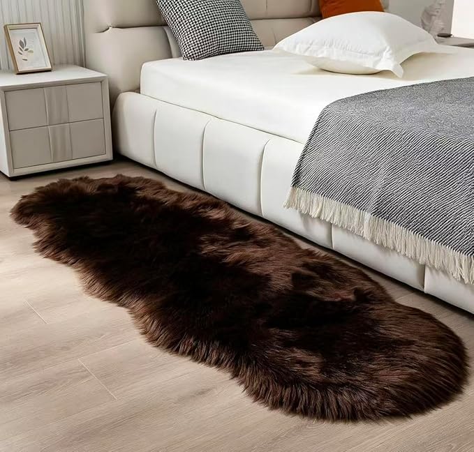Faux Fur Sheepskin Runner Rug Coffee 2x6 ft Ultra Soft Shaggy Plush Fluffy Fuzzy Area Carpet Decorative Chair Cover Floor Mat for Bedroom Sofa Living Room Bedside