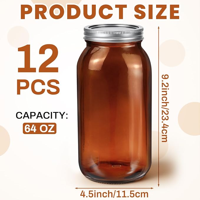 Norme 12 Pcs 64 oz Glass Mason Jars Glass Mason Jars Canning Container Set Embossed Half Gallon Fermenting Container with Airtight Lids for Canning Freezing Preserving Beverages Decor (Amber)