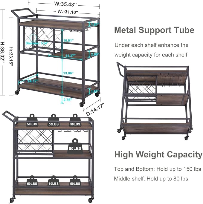 FATORRI Bar Cart for The Home with Wine Rack and Glasses Holder, Small Home Bar Serving Cart on Wheels for Liquor and Alcohol (Walnut Brown)