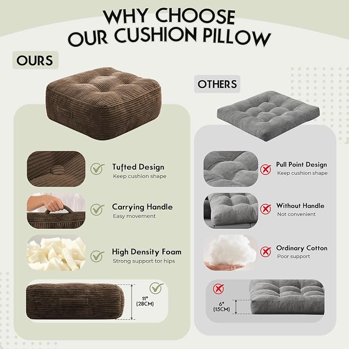 11" Thick Washable Floor Pillow for Adults, Yoga & Meditation Cushion with Handle, Square Large Pillows Seating with Removable Tufted Corduroy Cover for Tatami Living Room Board Games, Brown
