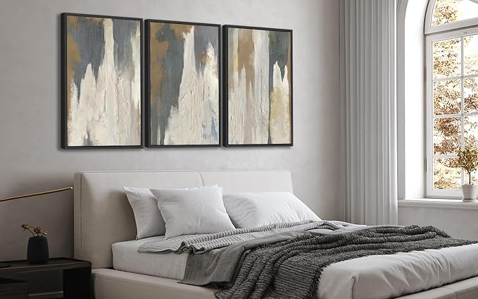 ASDCEUTICALS Large Canvas Wall Art - Gray Brown and Beige Abstract Pictures for Living Room Vintage Wall Decor Retro Artwork Black Float Framed Paintings for Bedroom Dinning Room 16" X 24" X 3 pcs