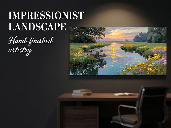 Arjun Landscape Canvas Wall Art Sunset Vibrant Wildflower Flower Field Nature Scene Scenery River Painting, Textured Framed Picture Large Artwork for Living Room Bedroom Wall Decor 40"x20"