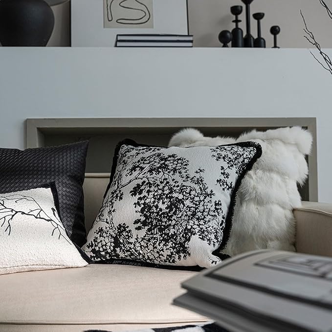 Croker Horse 20x20'' inches Throw Pillow Cushion Covers - Black Embroidery Pine Tree Luxury Modern Style with Tassel Couch Sofa Pillow Cover for Living Room Bedroom