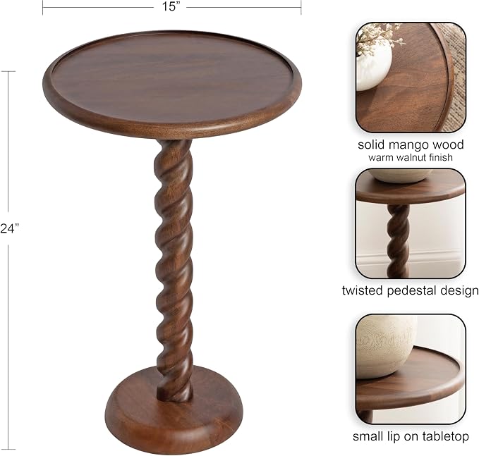 Kate and Laurel Willoughby Modern Wooden Spiraled Round Side Table, 15 x 15 x 24, Walnut Brown, Accent Pedestal End Table with Turned Base for Use as Indoor Plant Stand or Bedroom Nightstand Option