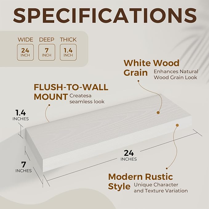 Dreamland 24Inch White Floating Shelves 6.7" Deep Wall Mounted Set of 2 | Wall shelves for bathroom, bedroom, kitchen, deep wall mount wood storage display for home decor 24" x 6.7"