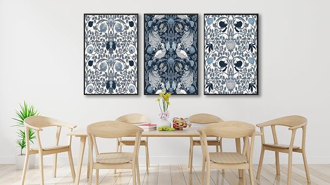 Large Framed Canvas Wall Art - Navy Blue Pictures William Morris Style for Living Room Boho Prints Bird Flower Wall Decor for Bedroom Dining Room Black Float Frame 24" X 36" X 3 Pieces