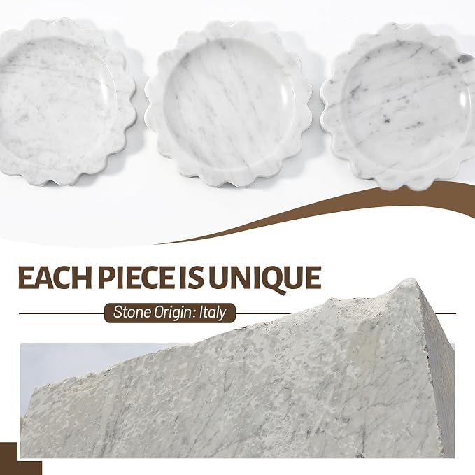 Koville 5.51" Scalloped Marble Tray, Round Stone Jewelry Trinket Dish for Ring, Natural Small Marble Tray for Bathroom Kitchen Dresser Countertop, Decorative Candle Tray(Bianco Carrara)