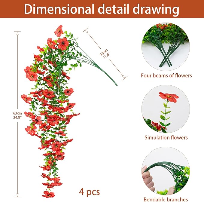 LikSoor 4 Pcs Artificial Outdoor Hanging Plants Spring Summer Decoration UV Resistant Faux Silk Flowers for Outside, Garden, Porch, Window, Home Decor (Red)