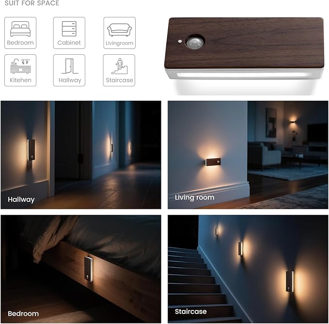 Motion Sensor Night Light Indoor, Rechargeable Wood Sensor Stair Lights, Magnetic Stick-on Light, Soft Two-Sided Glow, Adjustable Brightness for Bedroom, Hallway