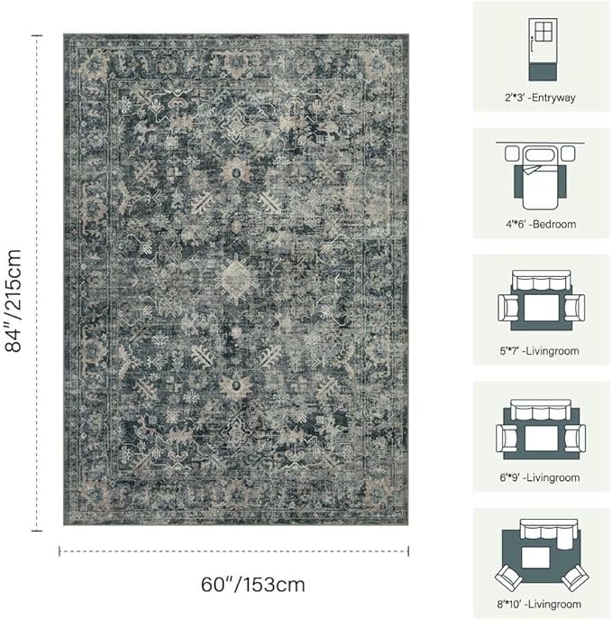 Rugxara 5x7 Area Rugs for Living Room Bedroom, Blue Washable Rug, Vintage Retro Boho Rug, Non Slip & Low Pile Faux Wool Thin Carpet for Indoor Dining Room and Kids Room(Blue 5x7ft)