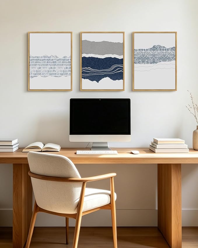 PHOPAGO Navy Blue Abstract Shapes Framed Wall Art Mid Century Minimalist Boho Wall Decor Modern Neutral Rustic Farmhouse Living Laundry Decor - 12x16in Natural Framed