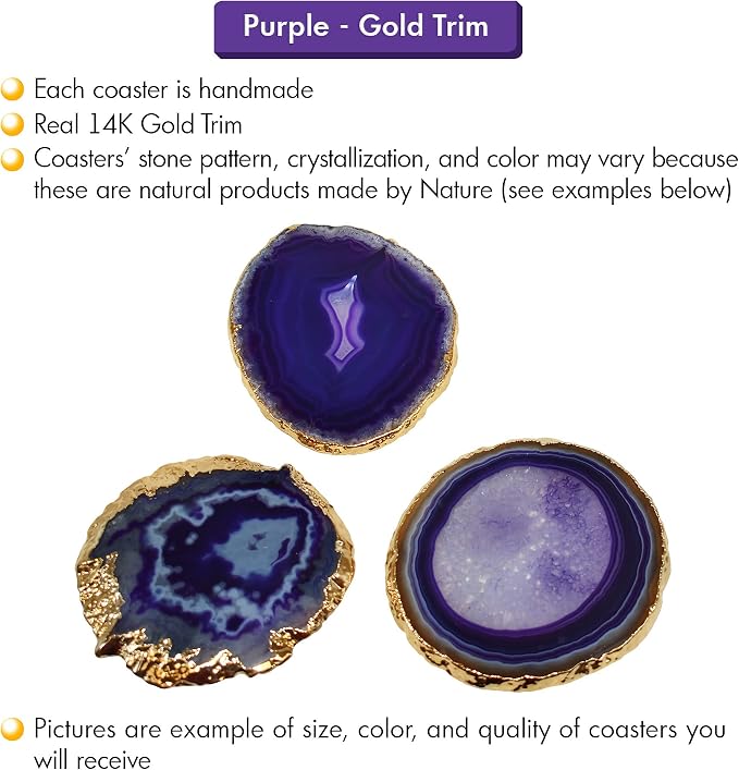 Nature's Decorations Purple Gold Rimmed Agate Stone Coasters - Set of 4, Polished Geode Drink Mats for Dining & Coffee Table & Kitchen Geode Decor Non-Toxic 3.5-4" Diameter