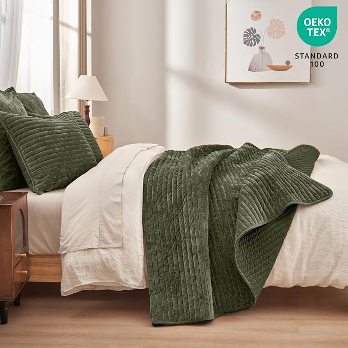 PHF Luxury Velvet Quilt Set Queen Size – 3PCS Ultra Soft Quilted Comforter Alternative with Striped Channel, Cozy Quilted Bedspread, 1 Coverlet with 2 Matching Shams, 90" x 92", Smokey Olive