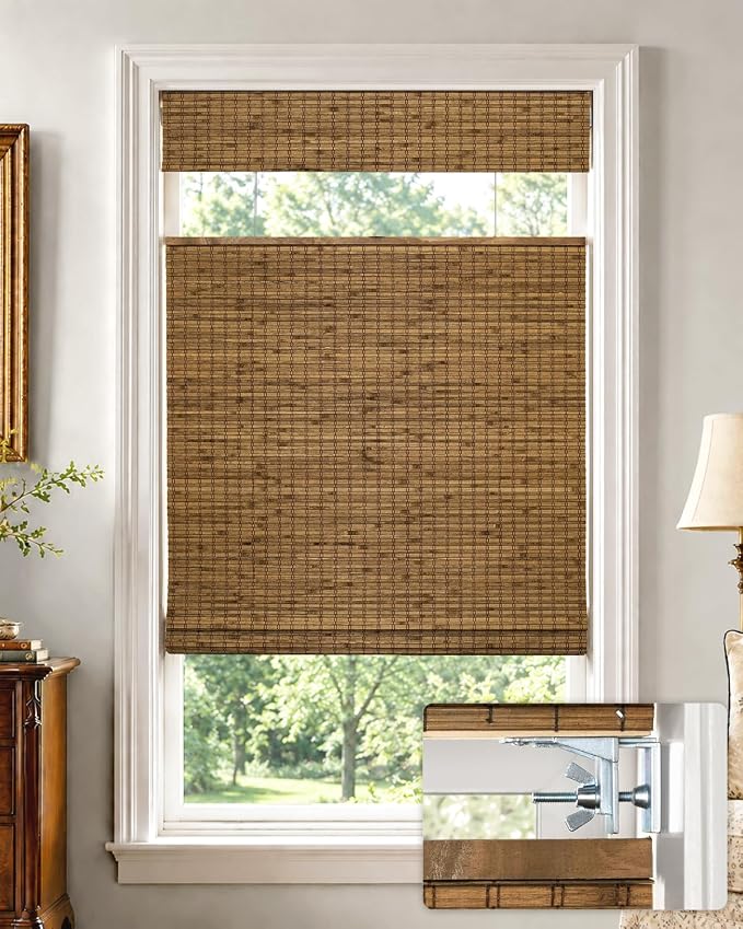 UNISHADES No Drill Cordless Bamboo Roman Shades, 31×64 in, Highfield Teak | Room Darkening Top Down Bottom Up Window Blinds for Indoor Windows